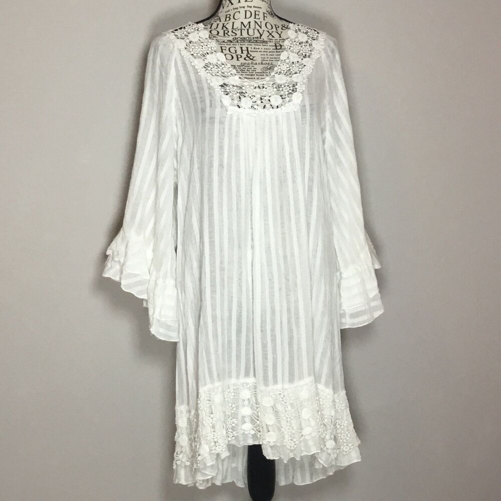 White cotton Victorian tunic dress coverup gauzy ruffle bell sleeve prairie L - Picture 2 of 6